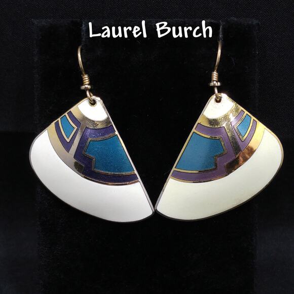 Laurel Burch White Purple Blue Enamel Fan Earrings, Gold Plated Cloisonne, 1980s - Picture 1 of 10